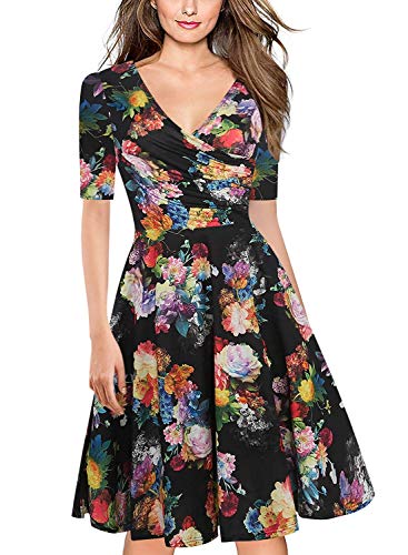 oxiuly Damen Casual Kleider Criss-Cross V-Ausschnitt Floral Flare Midi Sommerkleid OX233, Schwarz F5, Groß von oxiuly