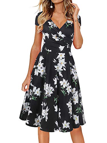 oxiuly Damen Casual Kleider Criss-Cross V-Ausschnitt Floral Flare Midi Sommerkleid OX233, Schwarz Weiß F, Mittel von oxiuly