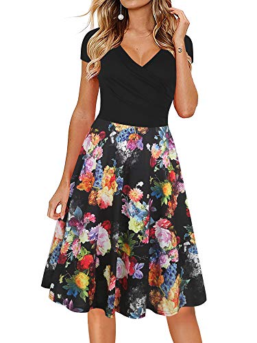 oxiuly Damen Casual Kleider Criss-Cross V-Ausschnitt Floral Flare Midi Sommerkleid OX233, Schwarze Rose, X-Large von oxiuly