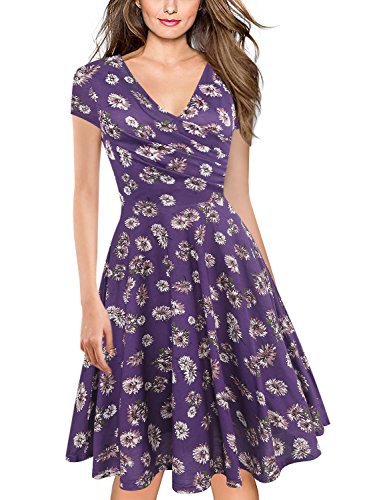 oxiuly Damen Casual Kleider Criss-Cross V-Ausschnitt Floral Flare Midi Sommerkleid OX233, Violett mit Blumenmuster, Groß von oxiuly