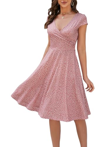 oxiuly Damen Casual Kleider Criss-Cross V-Ausschnitt Floral Flare Midi Sommerkleid OX233, pink mit punkten, Mittel von oxiuly