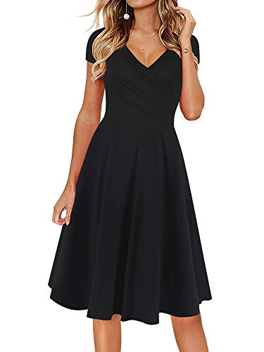 oxiuly Damen Freizeitkleider Criss-Cross V-Ausschnitt Floral Flare Midi Sommerkleid OX233, Schwarz einfarbig, Mittel von oxiuly