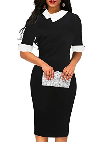 oxiuly Damen Retro Bodycon Knielang Formelle Büro Kleider Arbeit Bleistift Kleid OX276, Schwarz einfarbig, Mittel von oxiuly