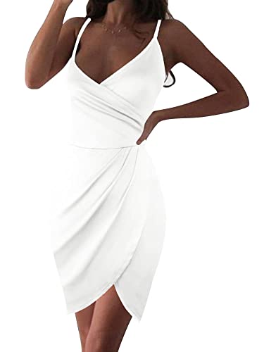 oxiuly Damen Wrap Kreuz V Ausschnitt Rüschen Party Kleid Kirche Abendessen Bodycon Kleider Mini Sommerkleid OX351, Weiß, Klein von oxiuly