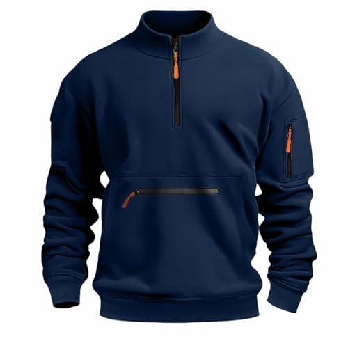 oxsdMKQ Herren Pullover Langarm Halfzip Gym Pulli Y2K Cargopullover Einfarbig Multi Taschen Outdoor Arbeitshirt Jogging Sport Sweatshirts Slim Fit Übergangsjacke S-5XL von oxsdMKQ