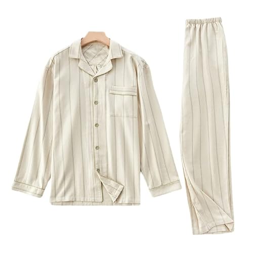 100% Baumwolle Paare Pyjama Set für Damen Herren Weich Zweiteilige Pyjamas Langarm Streifen Tops und Hose Nachtwäsche mit Taschen, Mann Gelb, 38 von oytto