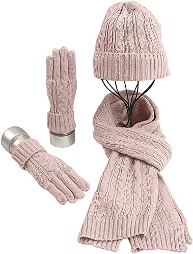 3 in 1 Winter Dickes Set Frauen Damen Mädchen Mütze Handschuhe Schal Set Weich Warm Strickmütze Langer Schal für Outdoor Walking Shopping Skifahren Angeln Camping, rose, F von oytto