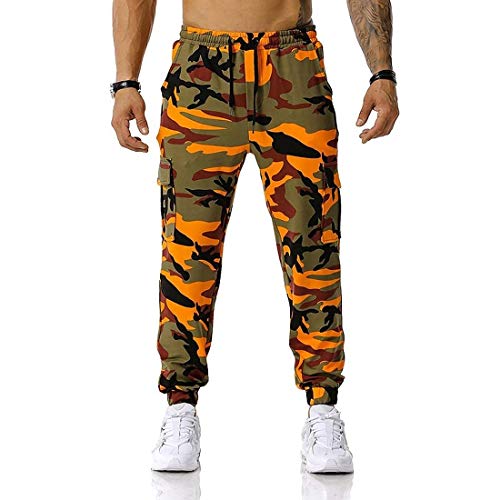 Camouflage Hose mit Reißverschlusstaschen Gym Workout Camo Jogger Sweatpants Trainingsanzug Jogginghose Militär Hose für Herren, Orange, 27-32 von oytto