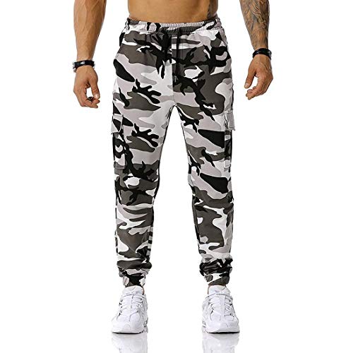 Camouflage Hose mit Reißverschlusstaschen Gym Workout Camo Jogger Sweatpants Trainingsanzug Jogginghose Militär Hose für Herren, grau, 34-37 von oytto