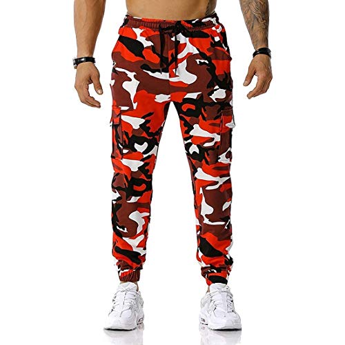 Camouflage Hose mit Reißverschlusstaschen Gym Workout Camo Jogger Sweatpants Trainingsanzug Jogginghose Militär Hose für Herren, rot, 27-32 von oytto