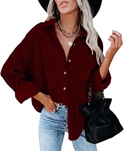Damen Button Down Blusen Cord Hemd Mäntel mit Taschen Langarm Tops (Braun, L, L), burgunderrot, Large von oytto