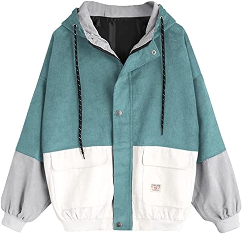 Damen Teenager Mädchen Patchwork Oversized Reißverschluss Jacke Casual Langarm Cord Mantel Windbreaker Mantel Frühling Herbst Stilvoll Bequem Outwear Winter Kurzmantel, blau, 38 von oytto