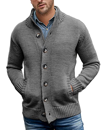 Herren-Strickjacke mit Taschen, einfarbig, Stehkragen, Knopfpullover, grau, Medium von oytto