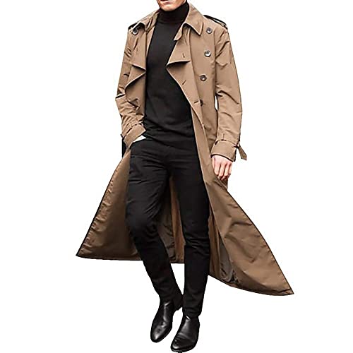 Herren Zweireihiger Trenchcoat Freizeitmantel Herren Lang Trenchcoat Revers Lange Ärmel Windbreaker Jacke, khaki, XX-Large Hoch von oytto