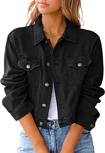 Jeansjacke im Crop-Stil mit Knöpfen und langen Ärmeln, schmale Passform, Vintage-Jeansjacke für Damen und Mädchen, Schwarz , 48 von oytto