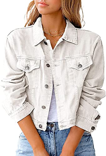 Jeansjacke im Crop-Stil mit Knöpfen und langen Ärmeln, schmale Passform, Vintage-Jeansjacke für Damen und Mädchen, weiß, 48 von oytto
