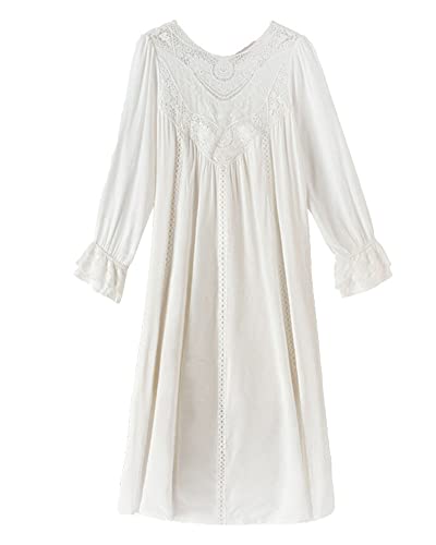 Viktorianischer Palast Spitze Stickerei Nachthemd V-Ausschnitt Lang Homewear Langarm Nachthemd Pyjama Schlafkleid Nachthemd Nachtwäsche Loungewear, weiß, 38 von oytto
