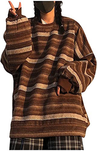 Y2K Gestreifter Pullover für Damen, Übergröße, Strick-Sweatshirt, Langarm, Grunge-Pullover, coffee, L von oytto