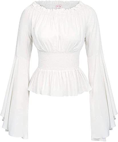 oytto Damen Gothic viktorianische Glockenärmel Bluse Halloween Retro Schulterfrei Tops Shirt, weiß, Large von oytto