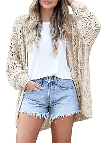 oytto Damen Kimono Boho Cardigan Häkeln Leicht Weich Oversized Open Front Langarm Strickpullover, beige, L von oytto