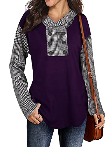 oytto Damen Langarm Bluse Rollkragen Plaid Patchwork Sweatshirt Tartan Tunika Pullover, Purple, 42 von oytto