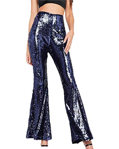 oytto Damen PaillettenEinfarbig Schlaghose Glitzer Stretch Hose, dunkelblau, M von oytto