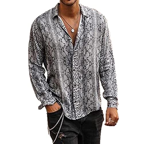 oytto Herren Knöpfe Hemden Tierdruck Muster Langarm Lose Sommer Casual Trend Tops -Tiger Leopard Schlange Print, weiß, M von oytto