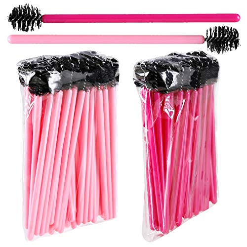 Wimpernverlängerung Wimpernbürste Wimpernbürstchen Mascara Bürste mit runde Kopf, Menge:100, Farbe:Set Pink + Rot von p-beauty