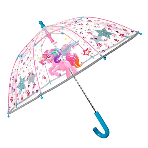 p:os 76988088 - Cool Kids Unicorn- Regenschirm für Kinder mit Einhorn-Motiv, transparent, windfest, Stockschirm mit Automatik-Öffnung und stabilem Fiberglasgestell, Durchmesser ca. 64 cm von p:os