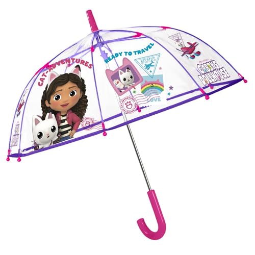 p:os 36906 - Gabbys Dollhouse Regenschirm für Kinder, transparent, windfest, Stockschirm mit manueller Öffnung und stabilem Fiberglasgestell, Durchmesser ca. 84 cm von p:os