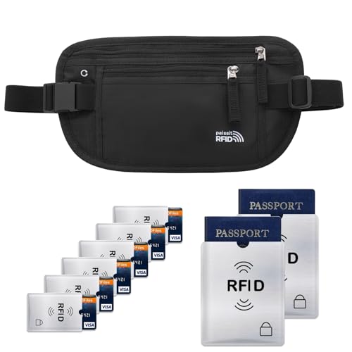Kleiner Unisex-Geldgürtel für Damen und Herren, schmaler Reisepasshalter, RFID-blockierend, Reiseutensilien-Tasche mit verstellbarem Riemen, kleine Hüfttasche für Workout, Laufen, Reisen, Wandern, von paissit