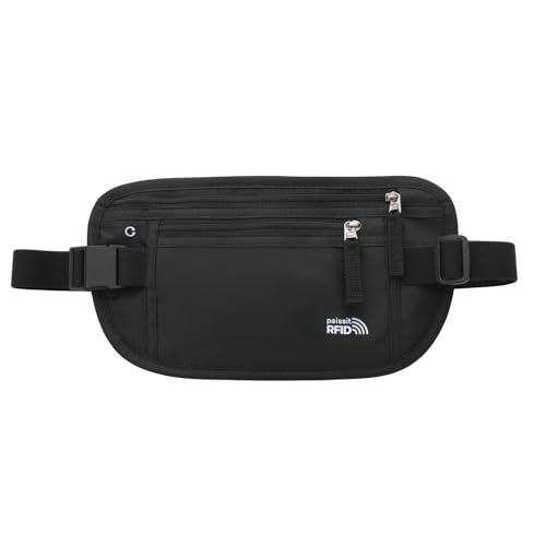Unisex Geldgürtel für Damen und Herren, schlanke Reisepasshülle, RFID-blockierend, Reisetasche mit verstellbarem Riemen, kleine Hüfttasche für Workout, Laufen, Reisen, Wandern, Schwarz, Small von paissit