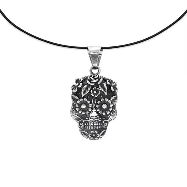pakilia Fair-Trade Silber Totenkopf-Anhänger mit Silber- od. Kautschukkette von pakilia