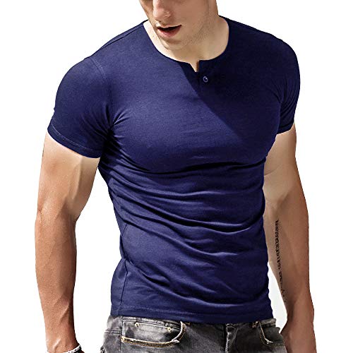 Alivebody Henley Herren-T-Shirt mit Knöpfen, langärmelig, schmale Passform, Baumwolle, marineblau, L von palglg