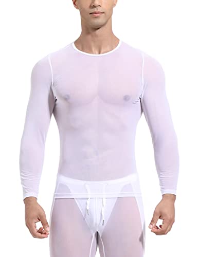 Herren Durchschauen Lange Ärmel Transparentes Netz Fitnessstudio Ausbildung Workout-T-Shirt Sexy Transparent Oberteile Clubwear Weiß M von palglg