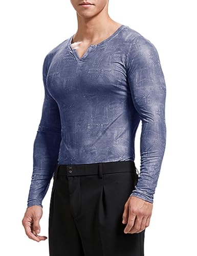 Herren Langarm Blumen V-Ausschnitt Muskel T-Shirt mit glatten & durchsichtigen Oberteilen Blumen Blau L von palglg