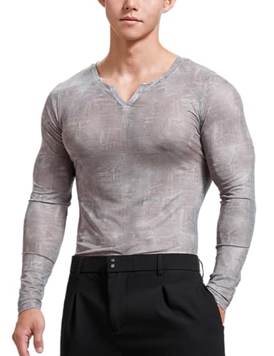 Herren Langarm Blumen V-Ausschnitt Muskel T-Shirt mit glatten & durchsichtigen Oberteilen Blumen Grau S von palglg