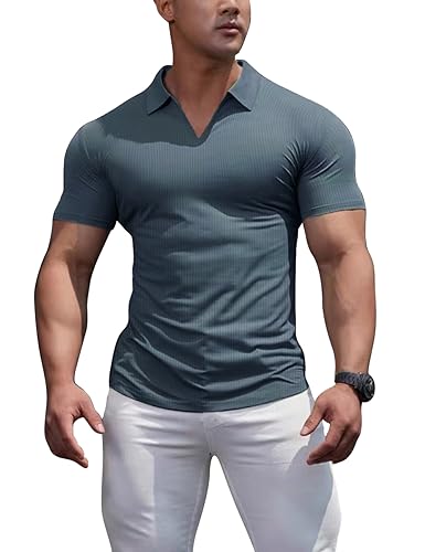 Herren Poloshirts V-Ausschnitt T-Shirts Kurzarm Muskel Fitness Gerippt Stricken Blau L von palglg