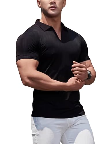 Herren Poloshirts V-Ausschnitt T-Shirts Kurzarm Muskel Fitness Gerippt Stricken Schwarz S von palglg