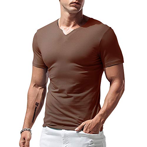 Herren Slim Fit Kurzarm Henley T-Shirt Beiläufig V-Ausschnitt Unterhemden Baumwolle Braun X-Large von palglg