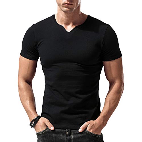 Herren Slim Fit Kurzarm Henley T-Shirt Beiläufig V-Ausschnitt Unterhemden Baumwolle Schwarz XX-Large von palglg
