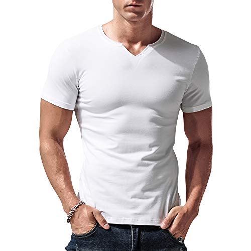 Herren Slim Fit Kurzarm Henley T-Shirt Beiläufig V-Ausschnitt Unterhemden Baumwolle Weiß XX-Large von palglg