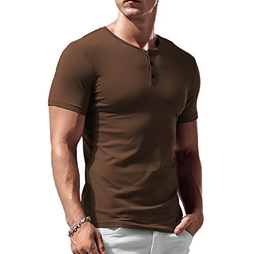 Herren Slim Fit Kurzarm Henley Tshirt Beiläufig Unterhemden Baumwolle Braun XXL von palglg