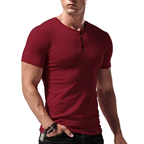 Herren Slim Fit Kurzarm Henley Tshirt Beiläufig Unterhemden Baumwolle Weinrot XXL von palglg