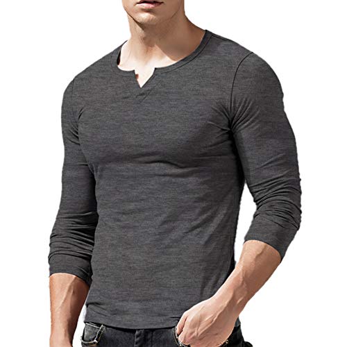 Herren Slim Fit Lange Ärmel Henley T-Shirt Beiläufig V-Ausschnitt Unterhemden Baumwolle Dunkelgrau Large von palglg