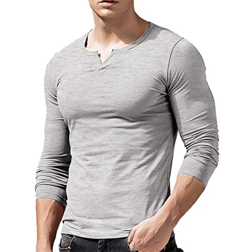 Herren Slim Fit Lange Ärmel Henley T-Shirt Beiläufig V-Ausschnitt Unterhemden Baumwolle Grau Large von palglg