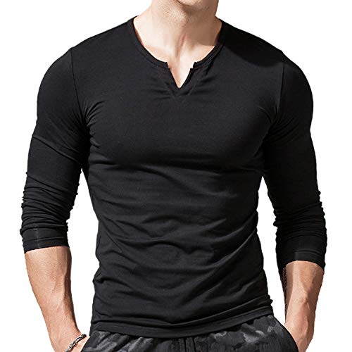 Herren Slim Fit Lange Ärmel Henley T-Shirt Beiläufig V-Ausschnitt Unterhemden Baumwolle Schwarz X-Large von palglg