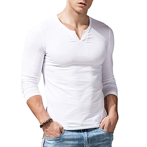 Herren Slim Fit Lange Ärmel Henley T-Shirt Beiläufig V-Ausschnitt Unterhemden Baumwolle Weiß Small von palglg