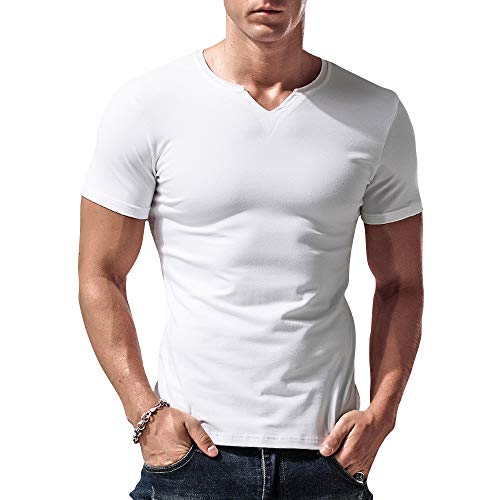 Herren Slim Fit Kurzarm Henley T-Shirt Beiläufig V-Ausschnitt Unterhemden Baumwolle Weiß X-Large von palglg