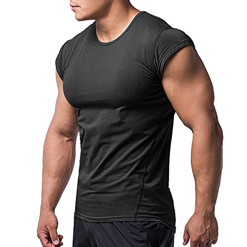 Herren T-Shirts Fitnessstudio Hemden Kurz Ärmel Muskel Schnitt zum Bodybuilding Tops Schwarz L von palglg